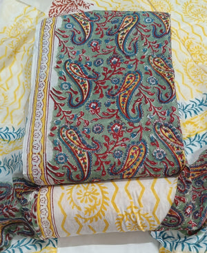 DRAVINAM Trends Hand Block Print Sanganeri Cambric Unstitched Cotton Suit Dress Material for Women with Mulmul Cotton Hand Printed Dupatta