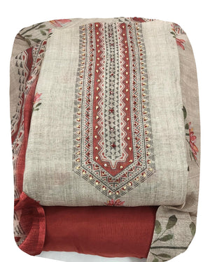 DRAVINAM Trends Women's Linen Cross-Stitch Floral Print Unstitched Salwar Suit Dress Material with Malai Cotton Bottom & Linen Dupatta