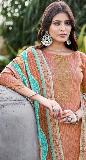 DRAVINAM Trends Women's Printed Siroski Work Pashmina Unstitch Salwar Suit Dress Material with Printed Twill Pashmina Warm Shawl Dupatta