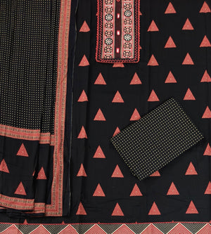 DRAVINAM Trends Women's Pure Cotton Geometric Handblock Printed Unstitched Salwar Suit Dress Material with Mirror Work Neck & Mulmul Dupatta (Black)