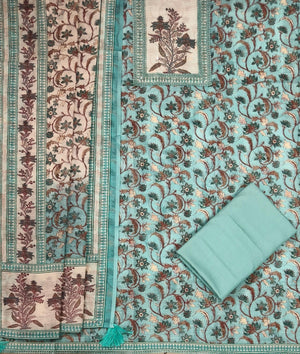 DRAVINAM Trends Women's Linen Cross-Stitch Floral Print Unstitched Salwar Suit Dress Material with Malai Cotton Bottom & Linen Dupatta