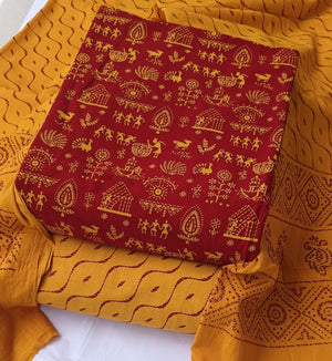 DRAVINAM Trends Women's Premium Cotton Unstitched Salwar Suit Dress Material Set | Traditional Rajasthani Gujari Block Print (Red & Mustard Yellow)
