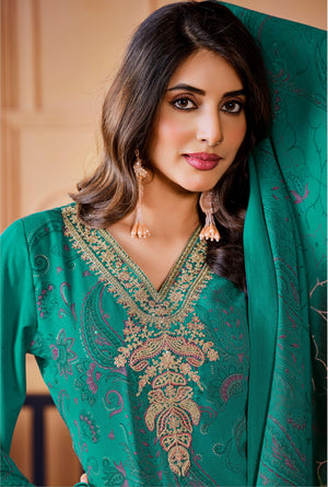 DRAVINAM Trends Women's Winter Wear Unstitched Digital Kashmiri Paisley Printed Heavy Neck Embroidered Pashmina Salwar Suit Dress Material with Khatli Work Foil touchup and Pashmina Shawl