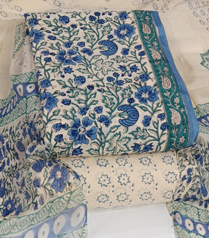 DRAVINAM Trends Hand Block Print Cambric Cotton Unstitched Salwar Suit Set for Women with Pure Chiffon Hand Printed Dupatta