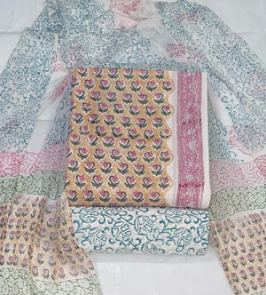 DRAVINAM Trends Hand Block Print Cambric Cotton Unstitched Salwar Suit Set for Women with Pure Chiffon Hand Printed Dupatta