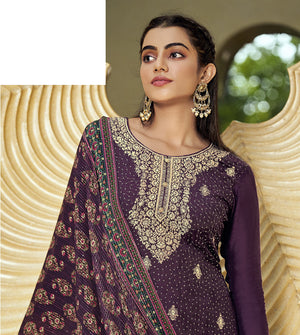 DRAVINAM Trends Women's Pure Jacquard heavy sequence work Pakistani salwar suit material with pure georgette digital printed and embroidered heavy dupatta (Wine)