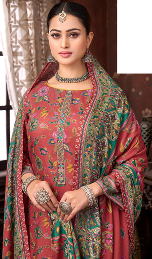 DRAVINAM Trends Women's Winter Wear Unstitched Discharge Print Embroidered Woollen Viscose Pashmina Salwar Suit Dress Material with Pashmina Printed Shawl Dupatta