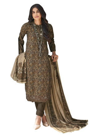 DRAVINAM Trends Women's Digital Kani Printed Pure Viscose Maslin Summer Wear Fancy Embroidery work Kurta Material For Women with Pure Maslin Digital Printed Dupatta (Dark Brown)