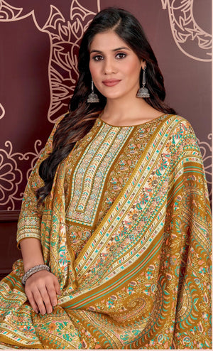 DRAVINAM Trends Women's Unstitched Kaani Digital Print Swaroski Work Spun Pashmina Winter wear Dress Material Fabric for Salwar Suit with printed Pashmina Kashmiri shawl dupatta (Free size)
