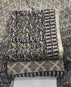DRAVINAM Trends Hand Block Print Cambric Cotton Unstitched Salwar Suit Set for Women with Pure Chiffon Hand Printed Dupatta