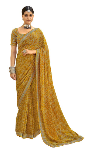 DRAVINAM Trends Women's bandhani print georgette embroidered saree with heavy embroidered Blouse Piece