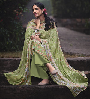 DRAVINAM Trends Unstitched Digital Printed Pure Cotton Embroidered Suit Set with Pure Bember Dupatta