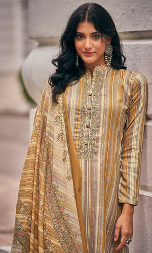 DRAVINAM Trends Women's Pure Pashmina wool Digital Print Fancy Embroidery Work Warm Salwar Kameez Dress Material with Pure Woollen Pashmina Printed Woven Shawl Dupatta (Beige)