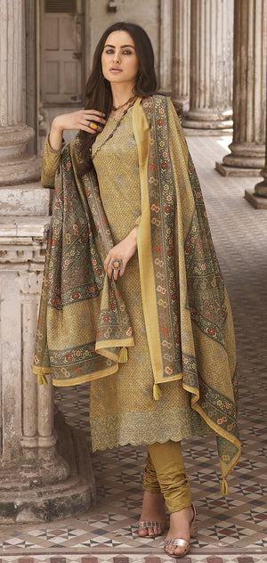 DRAVINAM Trends Women's Unstitched digital Print Pure Woollen Pashmina Hand Embroidered Salwar Suit Dress Material with digital printed woolen shawl dupatta (Yellow)