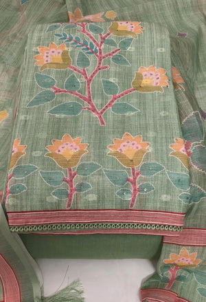 Elegant Women's Linen Floral Unstitched Dress Material Suit Set | Malai Cotton Bottom & Linen Dupatta with Tassels (Yellow)