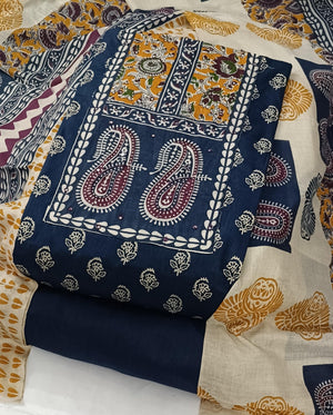 DRAVINAM Trends Women's Unstitched Cambric Cotton Dress Material Salwar Suit Set with Dupatta | Geometric Batik Print & Embellished Neckline (Multicolor)