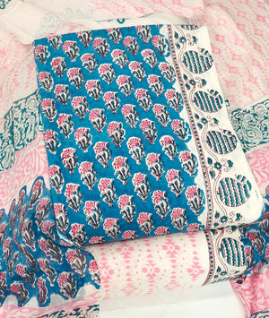 DRAVINAM Trends Hand Block Print Jaipuri Cambric Unstitched Cotton Suit Dress Material for Women with Mulmul Cotton Hand Printed Dupatta