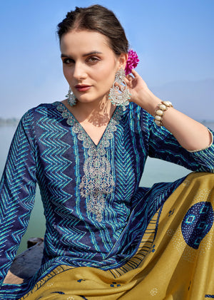 DRAVINAM Trends Women's Pure Pashmina Printed and Embroidered Suit Dress Material with Pure Pashmina Dobby Printed Shawl