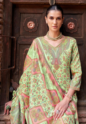 DRAVINAM Trends Women's Winter Wear Woolen Pashmina Digital Kani Printed Swaroski Work Unstitch Salwar Suit Dress Material with Digital Printed Pashmina Woolen Warm Shawl Dupatta