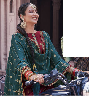 DRAVINAM Trends Women's Pure Banarasi Silk Jacquard Sequence embroidered Unstitched Salwar Suit Dress material with Chinon Silk Sequence and Embroidered Heavy Dupatta (Free size_Blue)