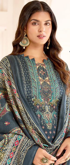 DRAVINAM Trends Women's Unstitched Woolen Kashmiri Printed Siroski Work Winter wear suits for women with Shawl