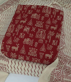 DRAVINAM Trends Women's Premium Cotton Unstitched Salwar Suit Dress Material Set | Traditional Rajasthani Gujari Block Print (Red & Mustard Yellow)