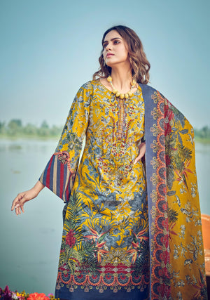 DRAVINAM Trends Women's Unstitched Premium Cotton Suit Material - Soft Digital Printed Embroidered Kameez II Matching Bottoms II Malmal Printed Dupatta
