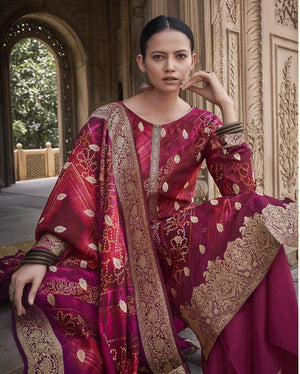 DRAVINAM Trends Women's Pure Dola Silk jacquard Bandhani Digital printed Sharara style Unstitched Suit Dress material with Pure Dola silk Woven Banarasi Dupatta (Free size_Pink)