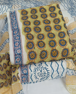 DRAVINAM Trends Hand Block Print Cambric Cotton Unstitched Salwar Suit Set for Women with Pure Chiffon Hand Printed Dupatta