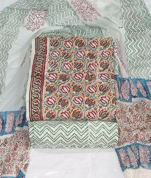 DRAVINAM Trends Hand Block Print Cambric Cotton Unstitched Salwar Suit Set for Women with Pure Chiffon Hand Printed Dupatta