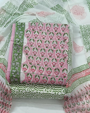 DRAVINAM Trends Hand Block Print Pure Cambric Cotton Unstitched Suit Material with Chiffon Hand Printed Dupatta
