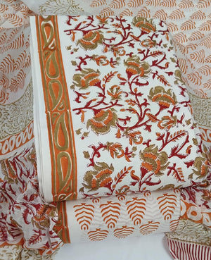 DRAVINAM Trends Hand Block Print Sanganeri Cambric Unstitched Cotton Suit Dress Material for Women with Mulmul Cotton Hand Printed Dupatta