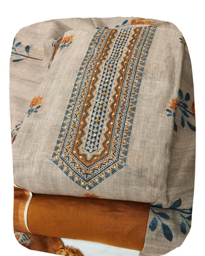 DRAVINAM Trends Women's Linen Cross-Stitch Floral Print Unstitched Salwar Suit Dress Material with Malai Cotton Bottom & Linen Dupatta