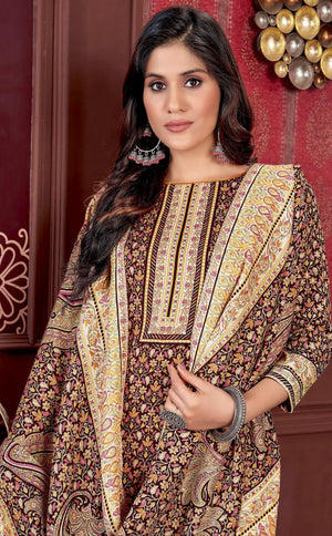 DRAVINAM Trends Women's Unstitched Kaani Digital Print Swaroski Work Spun Pashmina Winter wear Dress Material Fabric for Salwar Suit with printed Pashmina Kashmiri shawl dupatta (Free size)