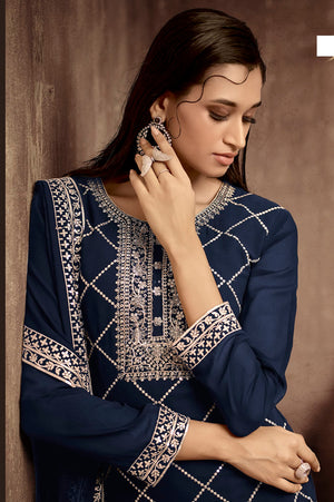 DRAVINAM Trends Women's Heavy Zari Embroidered Real Pure Georgette Salwar Kameez Pakistani Dress Material with Heavy Embroidered Dupatta (Blue)