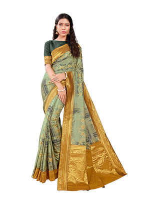DRAVINAM Trends Printed silk saree with Jacquard Border and Blouse Piece (Green)