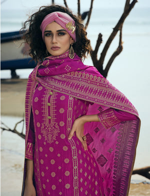 DRAVINAM Trends Women's Pure Banarasi Silk Unstitched Embroidered Sharara Style salwar Suit Dress Material with Heavy Pure Banarasi Jacquard Silk Dupatta (Free size_Magenta)