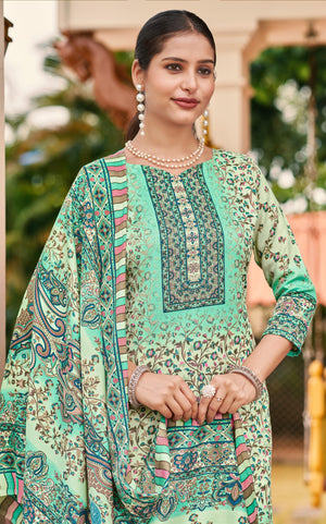 DRAVINAM Trends Women's Unstitched Kashmiri Print Woollen Pashmina Salwar Suit Dress Material with Pashmina Printed Shawl Dupatta (Free Size) (Grey)
