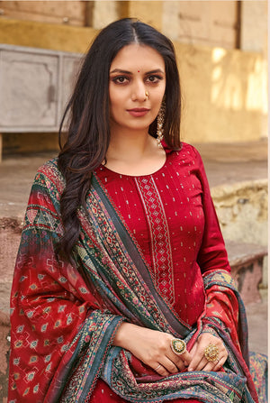 DRAVINAM Trends Women's Pure Viscose Upada Silk Sequence work Unstitched Salwar Suit Material with Pure Muslin Digital Print Sequence Dupatta (Free size_Maroon)