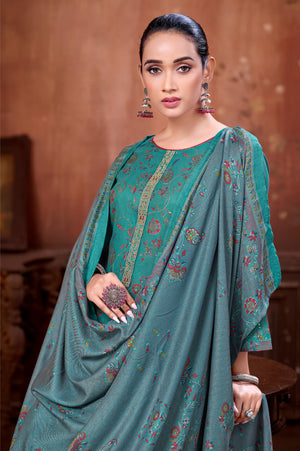DRAVINAM Trends Women's Winter Wear Unstitched Discharge Print Hand Work Neck Embroidered Woollen Viscose Pashmina Salwar Suit Dress Material with Pashmina Printed Shawl Dupatta