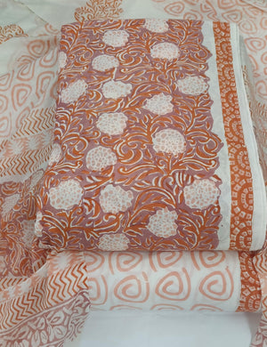 DRAVINAM Trends Hand Block Print Sanganeri Cambric Unstitched Cotton Suit Dress Material for Women with Mulmul Cotton Hand Printed Dupatta