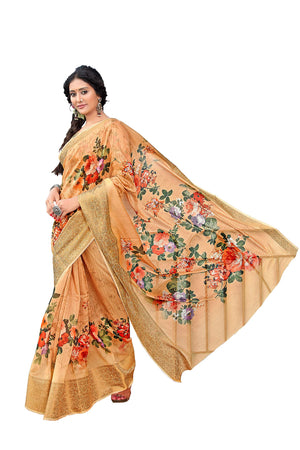 DRAVINAM Trends Women's Digital Printed Soft Cotton Linen Saree with Zari Weaving Border and Matching Blouse Piece (Green)