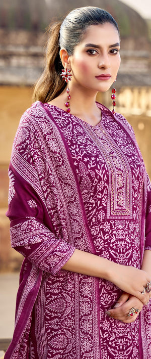 DRAVINAM Trends Women's Printed Pashmina Kani Unstitch Salwar Suit Dress Material with Siroski work and Printed Twill Pashmina Warm Shawl Dupatta