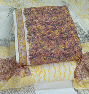 DRAVINAM Trends Hand Block Print Cambric Cotton Unstitched Salwar Suit Set for Women with Pure Chiffon Hand Printed Dupatta
