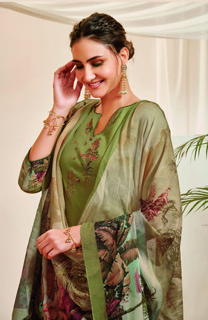 DRAVINAM Trends Women's Unstitched Pure Lawn Digital Printed Placement Embroidered Cotton Salwar Suit Dress Material with Mal Mal Cotton Digital Printed Dupatta (Parrot Green)