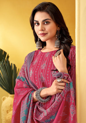 DRAVINAM Trends Women's Modal Unstitched Dress Material - Pure Modal Discharge Print top with Elegant Hand Work (2.5 m), Pure Modal Solid Bottom (2.8m), Viscose Modal Print Dupatta (2.25 m)