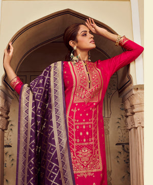 DRAVINAM Trends Unstitched Meenakari Zari Dola Banarasi Silk Salwar suit Dress Material with Dola Jacquard Double Jari Heavy Beautiful Dupatta (Peach and Dark Purple)