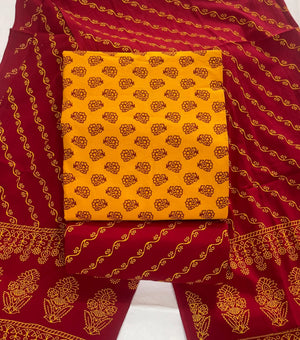 DRAVINAM Trends Women's Premium Cotton Unstitched Salwar Suit Dress Material Set | Traditional Rajasthani Gujari Block Print (Red & Mustard Yellow)