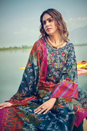 DRAVINAM Trends Women's Unstitched Premium Cotton Suit Material - Soft Digital Printed Embroidered Kameez II Matching Bottoms II Malmal Printed Dupatta