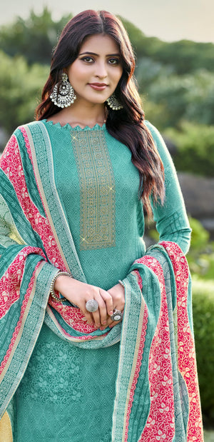 DRAVINAM Trends Women's Printed Siroski Work Pashmina Unstitch Salwar Suit Dress Material with Printed Twill Pashmina Warm Shawl Dupatta